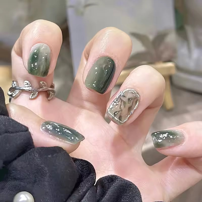 Emerald Green Fake Press On Nail Shiny Large Crystal French Wearable False Nails | Zebaish Wigs & Extensions