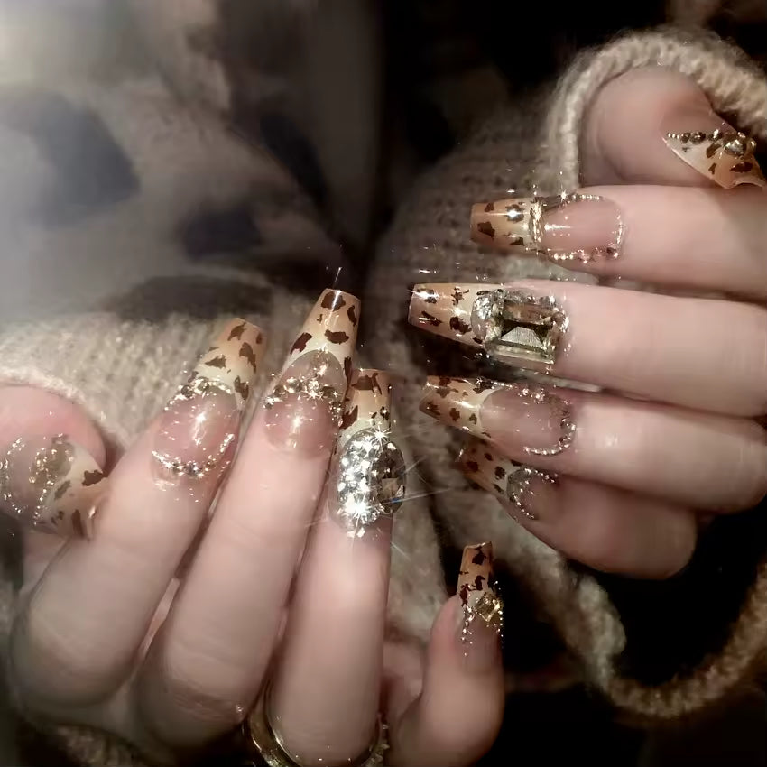 Leopard Pattern Fake Press On Nail Shiny Large Crystal French Wearable Spice Girls Fashion False Nails | Zebaish Wigs & Extensions
