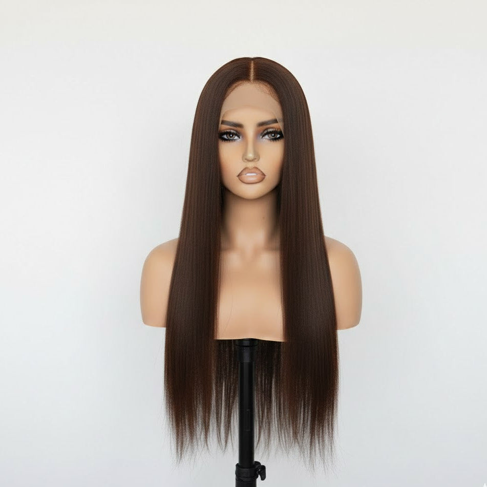 13*4 Chocolate Brown Front Lace Wig 32" Long Straight Synthetic Hair| Zebaish Wigs & Extensions
