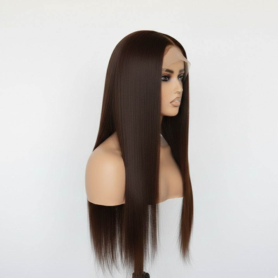 13*4 Chocolate Brown Front Lace Wig 32" Long Straight Synthetic Hair| Zebaish Wigs & Extensions