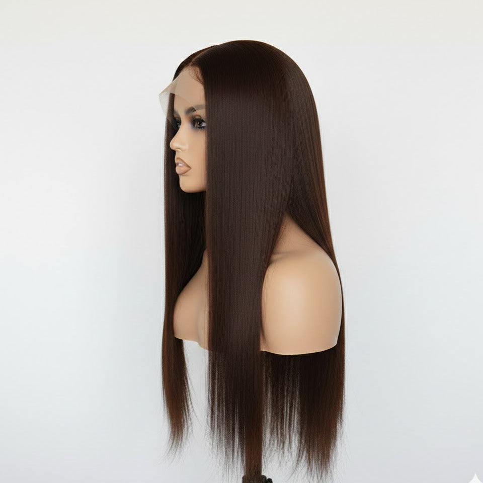 13*4 Chocolate Brown Front Lace Wig 32" Long Straight Synthetic Hair| Zebaish Wigs & Extensions