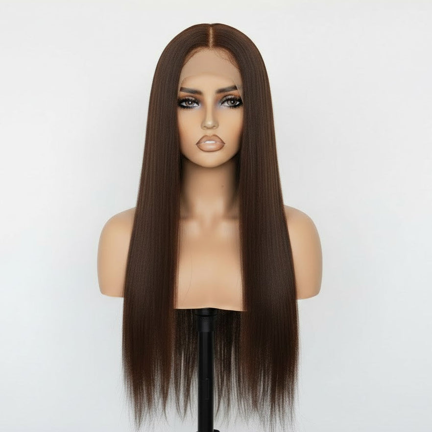 13*4 Chocolate Brown Front Lace Wig 32" Long Straight Synthetic Hair| Zebaish Wigs & Extensions